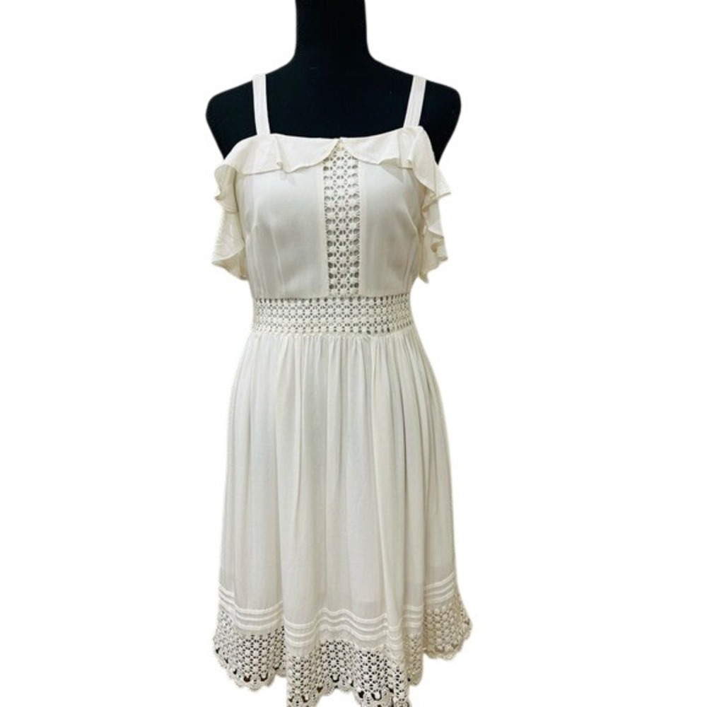 LOFT Ann Taylor Cream Lace Dress Ruffle Strap Fit Flare Boho Cottagecore XSP EUC